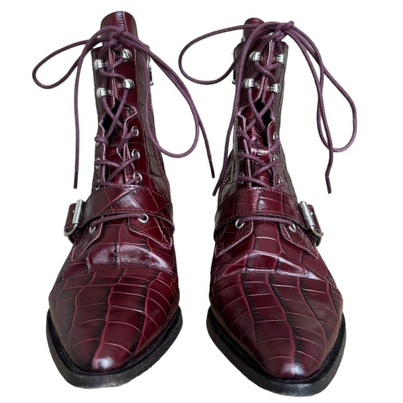 All Saints Katy Croc-Embossed Boots in Bordeaux Croc Leather US 7 - Picture 5 of 13